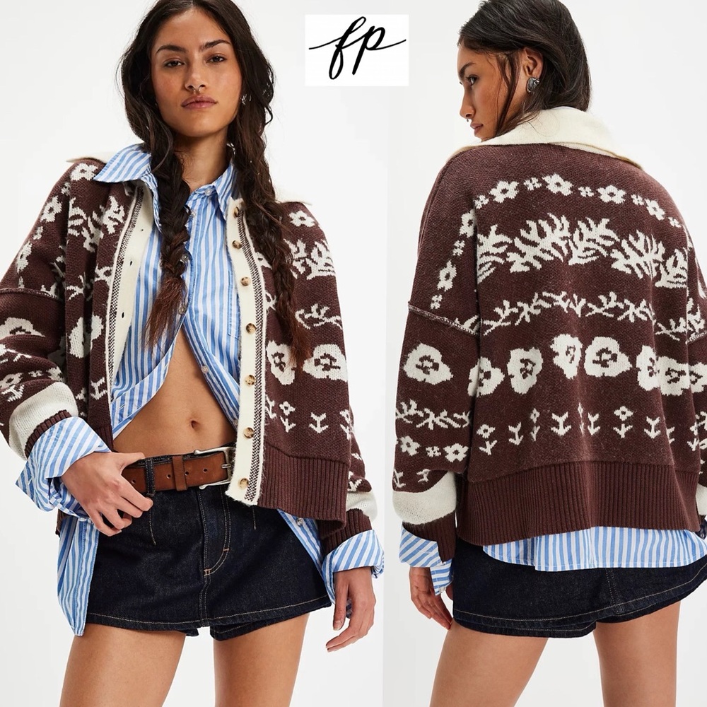 Free People Shelby Cardigan in Chocolate S Cozy Jacquard Knit Boxy Sweater - Picture 2 of 16